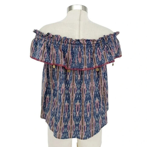 THML Shirt Ikat Off Shoulder Flutter Sleeve Coin Tassel Boho Top - Picture 5 of 8